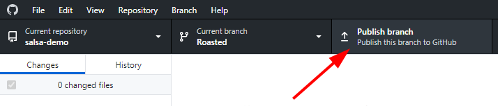 The right tab of the 'Roasted' branch has the option to publish. An arrow points to this tab